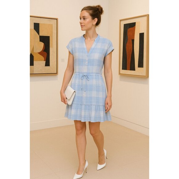 Veronica Beard Blue Gingham Ruffle Plaid Mini Dress L Cottagecore Soft Girl - Picture 2 of 13